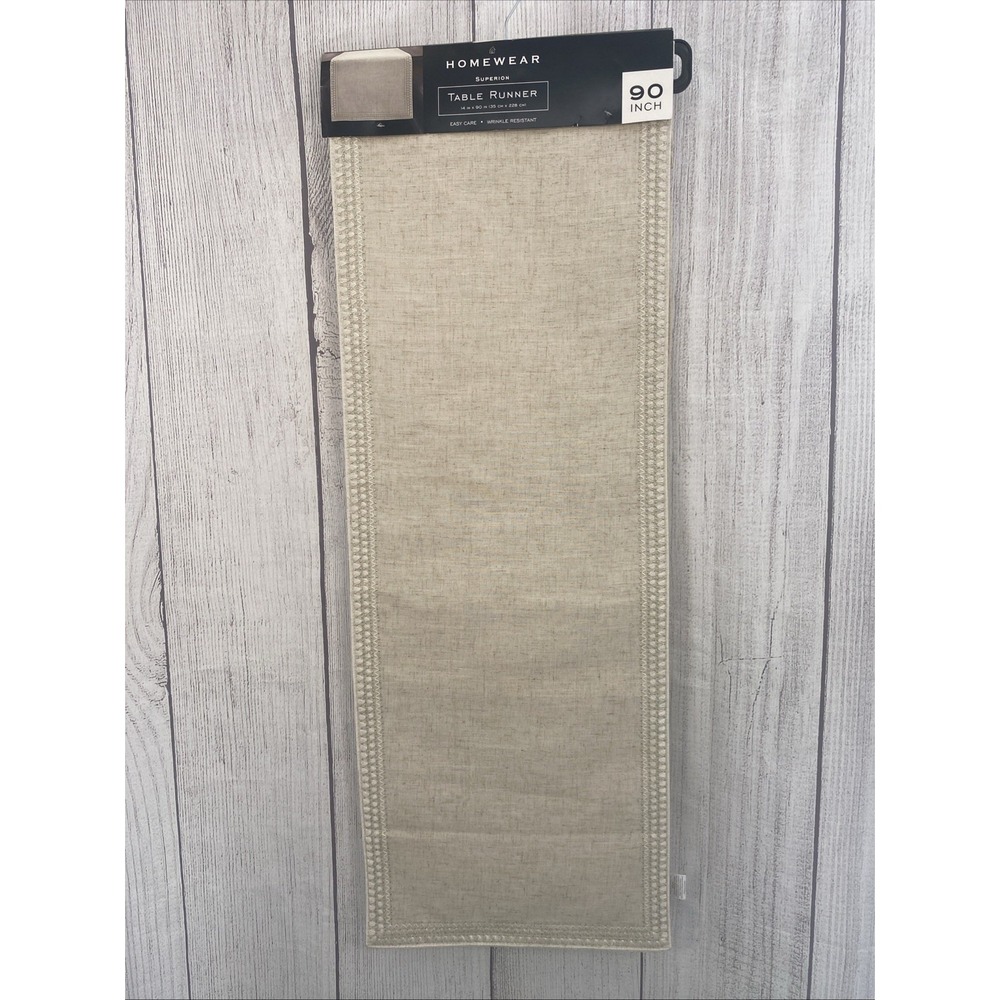 Home Wear Table Runner 14x90 Superion Natural Beige Linen Jute Embroidered Edge
